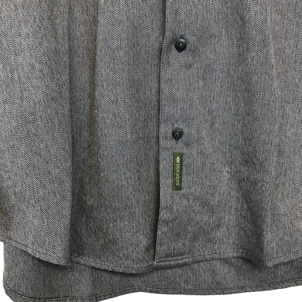 Dockers Mens Medium Grey Herringbone Button Down Shirt 100% Cotton Long Sleeve
